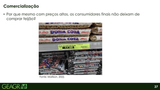 37
• Por que mesmo com preços altos, os consumidores finais não deixam de
comprar feijão?
Comercialização
Fonte: Marlison, 2022.
 
