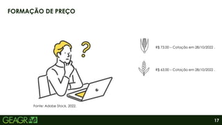 17
FORMAÇÃO DE PREÇO
Fonte: Adobe Stock, 2022.
R$ 73,00 – Cotação em 28/10/2022 .
R$ 63,00 – Cotação em 28/10/2022 .
 