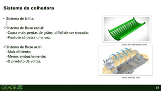 14
• Sistema de trilha;
Sistema de fluxo radial:
-Causa mais perdas de grãos, difícil de ser trocado;
-Produto só passa uma vez;
Sistema de fluxo axial:
-Mais eficiente;
-Menos embuchamento;
-O produto dá voltas.
Sistema da colhedora
Fonte: John Deere Brasil, 2019
Fonte: Aprosoja, 2019.
 