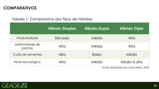 17
COMPARATIVOS
Híbrido Simples Híbrido Duplo Híbrido Triplo
Produtividade Elevada Média Alta
Uniformidade de
plantas
Alta Média Alta
Custo de sementes Alta Baixo Médio
Nível tecnológico Alta Médio Médio à alto
Fonte: Adaptado por Luana Alves, 2023.
Tabela 1. Comparativo dos tipos de híbridos.
 