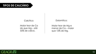 11
TIPOS DE CALCÁRIO
Calcítico; Dolomítico;
Maior teor de Ca
do que Mg – até
55% de cálcio.
Maior teor de Mg e
menor de Ca – maior
que 12% de Mg.
 