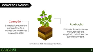 3
CONCEITOS BÁSICOS
Correção
Adubação
Fonte: Canva, 2023. Elaborado por Elen Kaliny.
Está relacionada com
a manutenção e
manejo dos nutrientes
do próprio solo;
Está relacionada com a
manutenção da
exigência nutricional da
cultura cultivada.
 