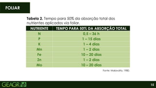 15
FOLIAR
NUTRIENTE TEMPO PARA 50% DA ABSORÇÃO TOTAL
N 0,5 – 36 h
P 1 – 15 dias
K 1 – 4 dias
Mn 1 – 2 dias
Fe 10 – 20 dias
Zn 1 – 2 dias
Mo 10 – 20 dias
Fonte: Malavolta, 1980.
Tabela 2. Tempo para 50% da absorção total dos
nutrientes aplicados via foliar.
 
