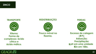 21
ZINCO
TRANSPORTE
Xilema;
Forma de
complexos: ácido
cítrico e
ácido málico.
REDISTRIBUIÇÃO
Pouco móvel no
floema.
Excesso de calagem
( P);
Adsorção;
Precipitação;
pH em uma unidade
Zn em 100x.
PERDAS
 
