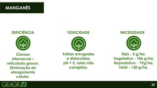 29
MANGANÊS
DEFICIÊNCIA
Clorose
internerval –
reticulado grosso;
Diminuição do
elongamento
celular.
TOXICIDADE
Folhas enrugadas
e distorcidas;
pH < 5, solos não
corrigidos.
Raiz - 5 g/ha;
Vegetativo - 106 g/ha;
Reprodutivo - 19g/ha;
Total - 130 g/ha.
NECESSIDADE
 