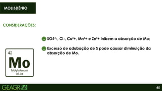 45
CONSIDERAÇÕES:
SO4²-, Cl-, Cu²+, Mn²+ e Zn²+ inibem a absorção de Mo;
Excesso de adubação de S pode causar diminuição da
absorção de Mo.
MOLIBDÊNIO
 