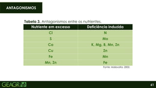 61
ANTAGONISMOS
Tabela 3. Antagonismos entre os nutrientes.
Fonte: Malavolta, 2002.
Nutriente em excesso Deficiência induzida
Cl N
S Mo
Ca K, Mg, B, Mn, Zn
Cu Zn
Fe Mn
Mn, Zn Fe
 