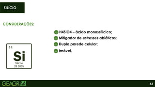 63
CONSIDERAÇÕES:
H4SiO4 – ácido monossílicico;
SILÍCIO
Mitigador de estresses abióticos;
Dupla parede celular;
Imóvel.
 