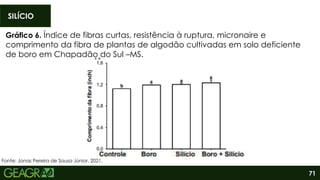 71
SILÍCIO
Fonte: Jonas Pereira de Sousa Júnior, 2021.
Gráfico 6. Índice de fibras curtas, resistência à ruptura, micronaire e
comprimento da fibra de plantas de algodão cultivadas em solo deficiente
de boro em Chapadão do Sul –MS.
 