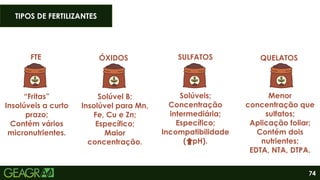 74
FTE
“Fritas”
Insolúveis a curto
prazo;
Contém vários
micronutrientes.
ÓXIDOS
Solúvel B;
Insolúvel para Mn,
Fe, Cu e Zn;
Específico;
Maior
concentração.
Solúveis;
Concentração
intermediária;
Específico;
Incompatibilidade
( pH).
SULFATOS
TIPOS DE FERTILIZANTES
QUELATOS
Menor
concentração que
sulfatos;
Aplicação foliar;
Contém dois
nutrientes;
EDTA, NTA, DTPA.
 