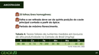77
AMOSTRAGEM
25 folhas/área homogênea;
Folha a ser retirada deve ser da quinta posição do caule
principal contada a partir do ápice;
B Cu Fe Mn Mo Zn
40 - 80 8 - 15 70 - 250 35 - 80 1 - 3 30 - 65
Tabela 4. Teores foliares de nutrientes medidos em lavouras
de alta produtividade no Cerrado do Brasil (mg/kg)
Fonte: Malavolta, 2002
Período de máximo florescimento.
 