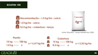 85
1,0 kg/ha - sulco;
Recomendação – 1,5 kg/ha – sulco;
0,5 kg/ha – cobertura – lanço.
15 kg ----- 100 kg
1,0 kg ----- x
x = 6,67 kg/ha
Fonte: Granubor – Grupo Multitécnica, 2024.
BOLETIM 100
15 kg ----- 100 kg
0,5 kg ----- x
x = 3,33 kg/ha
Plantio Cobertura
 