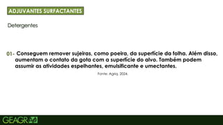 25
Detergentes
ADJUVANTES SURFACTANTES
01-
Fonte: Agriq, 2024.
Conseguem remover sujeiras, como poeira, da superfície da folha. Além disso,
aumentam o contato da gota com a superfície do alvo. Também podem
assumir as atividades espelhantes, emulsificante e umectantes.
 