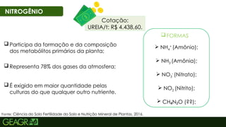 14
NITROGÊNIO
 Representa 78% dos gases da atmosfera;
 Participa da formação e da composição
dos metabólitos primários da planta;
 FORMAS
 NH4
+
(Amônio);
 NH3 (Amônia);
 NO3
-
(Nitrato);
 NO2 (Nitrito);
 CH N O (??);
₄ ₂
Fonte: Ciência do Solo Fertilidade do Solo e Nutrição Mineral de Plantas, 2016.
 É exigido em maior quantidade pelas
culturas do que qualquer outro nutriente.
Cotação:
UREIA/t: R$ 4.438,60.
 