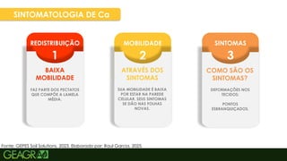 40
SINTOMAS
3
MOBILIDADE
2
REDISTRIBUIÇÃO
1
SINTOMATOLOGIA DE Ca
BAIXA
MOBILIDADE
FAZ PARTE DOS PECTATOS
QUE COMPÕE A LAMELA
MÉDIA.
ATRAVÉS DOS
SINTOMAS
SUA MOBILIDADE É BAIXA
POR ESTAR NA PAREDE
CELULAR. SEUS SINTOMAS
SE DÃO NAS FOLHAS
NOVAS.
COMO SÃO OS
SINTOMAS?
DEFORMAÇÕES NOS
TECIDOS;
PONTOS
ESBRANQUIÇADOS.
Fonte: GEPES Soil Solutions, 2023. Elaborado por: Raul Garcia, 2025.
 