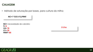 19
• Método de saturação por bases, para cultura do milho:
CALAGEM
NC=T* (V2-V1)/PRNT
NC= T *(V2-V1)/PRNT
NC= necessidade de calcário;
T= 8
V2= 70
V1= 20
PRNT= 80
5 t/ha
 