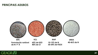 29
PRINCIPAIS ADUBOS
NPK MAP
KCL UREIA
Formulação variável
de N- P -K
60% de K2O
40% de Cl
10-12% de N
50-54% de P2O5
40-46% de N
 