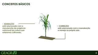 3
CONCEITOS BÁSICOS
• ADUBAÇÃO
está relacionado com a
manutenção da exigência
nutricional da cultura que
estaremos cultivando;
• CORREÇÃO
está relacionado com a manutenção
e manejo no próprio solo.
 