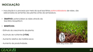 31
• Inoculação é o processo por meio do qual bactérias potencializadoras de raízes, são
adicionadas às sementes das plantas antes da semeadura.
INOCULAÇÃO
• OBJETIVO: potencializar as raízes através da
bactéria Azospirillum;
• BENEFÍCIOS:
- Estímulo do crescimento da planta;
- Acúmulo de nutrientes (>%N);
- Aumento relativo da matéria seca;
- Aumento de produtividade. Fonte: Blog Verde, 2023
 