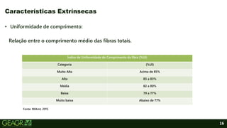 16
• Uniformidade de comprimento:
Relação entre o comprimento médio das fibras totais.
Características Extrínsecas
Índice de Uniformidade do Comprimento da fibra (%UI)
Categoria (%UI)
Muito Alta Acima de 85%
Alta 85 a 83%
Média 82 a 80%
Baixa 79 a 77%
Muito baixa Abaixo de 77%
Fonte: IMAmt, 2015.
 