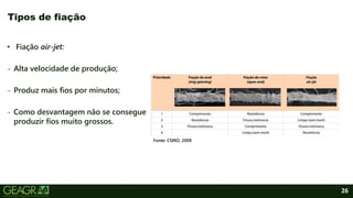 26
• Fiação air-jet:
- Alta velocidade de produção;
- Produz mais fios por minutos;
- Como desvantagem não se consegue
produzir fios muito grossos.
Tipos de fiação
Fonte: CSIRO, 2009.
 