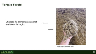 44
Torta e Farelo
Fonte: Super Commodity, 2021.
Utilizado na alimentação animal
em forma de ração.
 