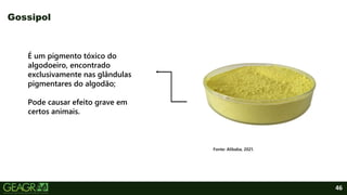 46
Gossipol
Fonte: Alibaba, 2021.
É um pigmento tóxico do
algodoeiro, encontrado
exclusivamente nas glândulas
pigmentares do algodão;
Pode causar efeito grave em
certos animais.
 