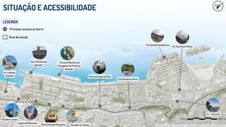 Elevador Laceda
Ladeira da Montanha
Term. Marítimo de
Salvador
Principais acessos ao bairro
SITUAÇÃO E ACESSIBILIDADE
Av. Lafayete
Coutinho
Plano Inclinado Gonçalves Elevador do Taboão
Plano Inclinado do Pilar
Túnel Américo Simas
Av. Eng. Oscar Pontes
Av. Jequitaia
-Terminal Marítimo de
Passageiros do Porto de
Salvador
Terminal de Cointâineres
LEGENDA
Área de estudo
MAPA CRIADO PELOS AUTORES - IMAGEM RETIRADA DO GOOGLE EARTH/2023
 