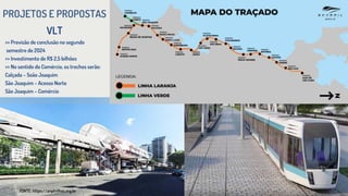 PROJETOS E PROPOSTAS
fONTE: https://anptrilhos.org.br
>> Previsão de conclusão no segundo
semestre de 2024
>> Investimento de R$ 2,5 bilhões
>> No sentido do Comércio, os trechos serão:
Calçada – Soão Joaquim
São Joaquim – Acesso Norte
São Joaquim – Comércio
VLT
 