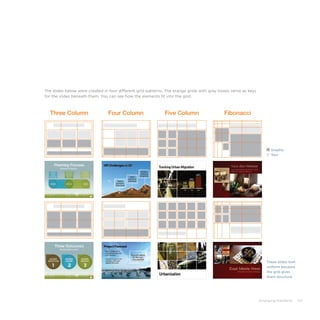 Arranging Elements 101
These slides look
uniform because
the grid gives
them structure.
Four Column Five Column FibonacciThree Column
Graphic
Text
The slides below were created in four different grid patterns. The orange grids with gray boxes serve as keys
for the slides beneath them. You can see how the elements fit into the grid.
 