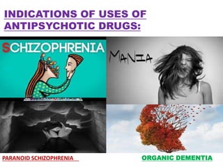 PARANOID SCHIZOPHRENIA ORGANIC DEMENTIA
INDICATIONS OF USES OF
ANTIPSYCHOTIC DRUGS:
 