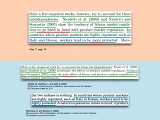 Blanchard, O. and Giavazzi, F. (2003),
“Macroeconomic Effect of Regulation and Deregulation in Goods and Labour Markets,”
The Quarterly Journal of Economics
Amable, B., Demmou, L. and Gatti, D. (2007),
“Employment, Performance and Institutions: New Answers to an Old Question”,
IZA Discussion Paper No.2731
Cap. 1°, pag. 15
 