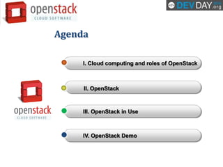 Agenda
I. Cloud computing and roles of OpenStack
III. OpenStack in Use
II. OpenStack
IV. OpenStack Demo
 