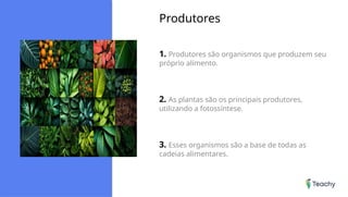 Produtores
1. Produtores são organismos que produzem seu
próprio alimento.
2. As plantas são os principais produtores,
utilizando a fotossíntese.
3. Esses organismos são a base de todas as
cadeias alimentares.
 