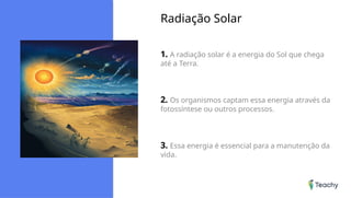 Radiação Solar
1. A radiação solar é a energia do Sol que chega
até a Terra.
2. Os organismos captam essa energia através da
fotossíntese ou outros processos.
3. Essa energia é essencial para a manutenção da
vida.
 