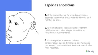 Espécies ancestrais
1. O 'Australopithecus' foi uma das primeiras
espécies a caminhar ereta, vivendo há cerca de 4
milhões de anos.
2. O 'Homo habilis' é considerado o 'homem
habilidoso' e é conhecido por ter utilizado
ferramentas rudimentares.
3. Essas espécies ancestrais tinham
características que as distinguem dos humanos
modernos, como cérebros menores e mandíbulas
mais robustas.
 