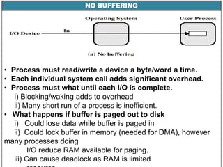 NO BUFFERING
• Process must read/write a device a byte/word a time.
• Each individual system call adds significant overhead.
• Process must what until each I/O is complete.
i) Blocking/waking adds to overhead
ii) Many short run of a process is inefficient.
• What happens if buffer is paged out to disk
i) Could lose data while buffer is paged in
ii) Could lock buffer in memory (needed for DMA), however
many processes doing
I/O reduce RAM available for paging.
iii) Can cause deadlock as RAM is limited
 