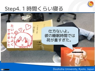 Step4. 1 時間くらい寝る



           仕方ないよ。
          彼の睡眠時間では
           荷が重すぎた。




             Doshisha University, Kyoto, Japan
 