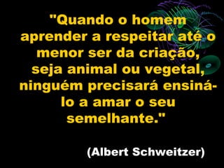 "Quando o homem
aprender a respeitar até o
   menor ser da criação,
  seja animal ou vegetal,
ninguém precisará ensiná-
      lo a amar o seu
       semelhante."

        (Albert Schweitzer) 
 