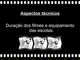 Aspectos técnicos Duração dos filmes e equipamento das escolas. 