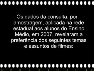 Os dados da consulta, por amostragem, aplicada na rede estadual aos alunos do Ensino Médio, em 2007, revelaram a preferência dos seguintes temas e assuntos de filmes: 