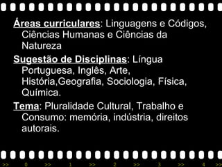Áreas curriculares : Linguagens e Códigos, Ciências Humanas e Ciências da Natureza Sugestão de Disciplinas : Língua Portuguesa, Inglês, Arte, História,Geografia, Sociologia, Física, Química. Tema : Pluralidade Cultural, Trabalho e Consumo: memória, indústria, direitos autorais. 