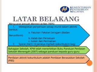LATAR BELAKANG
2
Mesyuarat Jemaah Menteri (4 Mei 2005)
1. Mewajibkan penyertaan setiap murid dalam aktiviti
berikut:
a. Pasukan Pakaian Seragam (Badan
Beruniform)
b. Kelab dan Persatuan
c. Sukan dan Permainan
2. Syarat merit 10 peratus markah kokurikulum bagi
kemasukan ke Institusi Pengajian Tinggi Awam (IPTA)
Bahagian Sekolah, KPM telah menerbitkan Buku Panduan Penilaian
Sekolah Menengah (2007) sebagai panduan kepada guru-guru
Penilaian aktiviti kokurikulum adalah Penilaian Berasaskan Sekolah
(PBS)
 