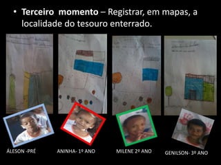 • Terceiro momento – Registrar, em mapas, a
localidade do tesouro enterrado.

ÁLESON -PRÉ

ANINHA- 1º ANO

MILENE 2º ANO

GENILSON- 3º ANO

 