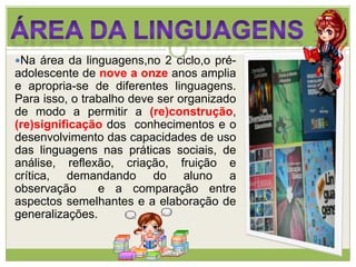 Na área da linguagens,no 2 ciclo,o pré-
adolescente de nove a onze anos amplia
e apropria-se de diferentes linguagens.
Para isso, o trabalho deve ser organizado
de modo a permitir a (re)construção,
(re)significação dos conhecimentos e o
desenvolvimento das capacidades de uso
das linguagens nas práticas sociais, de
análise, reflexão, criação, fruição e
crítica, demandando do aluno a
observação e a comparação entre
aspectos semelhantes e a elaboração de
generalizações.
 