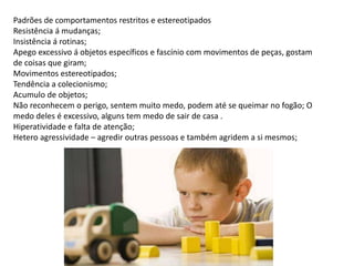 Padrões de comportamentos restritos e estereotipados
Resistência á mudanças;
Insistência á rotinas;
Apego excessivo á objetos específicos e fascínio com movimentos de peças, gostam
de coisas que giram;
Movimentos estereotipados;
Tendência a colecionismo;
Acumulo de objetos;
Não reconhecem o perigo, sentem muito medo, podem até se queimar no fogão; O
medo deles é excessivo, alguns tem medo de sair de casa .
Hiperatividade e falta de atenção;
Hetero agressividade – agredir outras pessoas e também agridem a si mesmos;
 