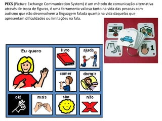 PECS (Picture Exchange Communication System) é um método de comunicação alternativa
através de troca de figuras, é uma ferramenta valiosa tanto na vida das pessoas com
autismo que não desenvolvem a linguagem falada quanto na vida daquelas que
apresentam dificuldades ou limitações na fala.
 