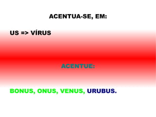 ACENTUA-SE, EM: US => VÍRUS ACENTUE: BONUS, ONUS, VENUS,  URUBUS.   