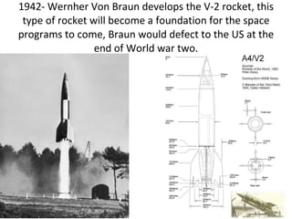 1942- Wernher Von Braun develops the V-2 rocket, this type of rocket will become a foundation for the space programs to come, Braun would defect to the US at the end of World war two. 