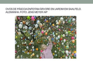 OVOS DE PÁSCOAENFEITAM ÁRVORE EM JARDIM EM SAALFELD.
ALEMANHA. FOTO: JENS MEYER /AP
 